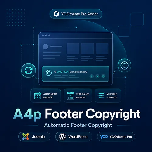 A4p Footer Copyright Addon for YOOtheme Pro with automatic footer copyright notice for Joomla and WordPress