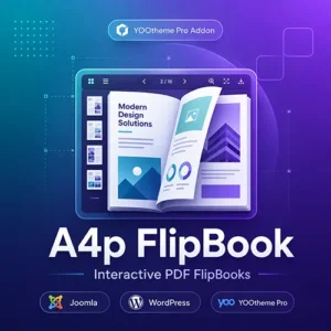 A4p FlipBook Addon for YOOtheme Pro showing an interactive PDF flipbook for Joomla and WordPress