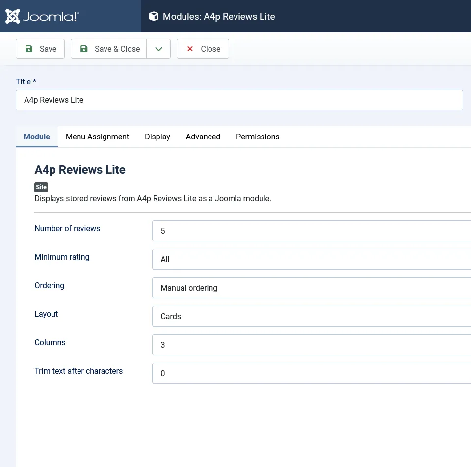 Configure review quantity, rating, ordering and layout in the A4p Reviews Lite Joomla module