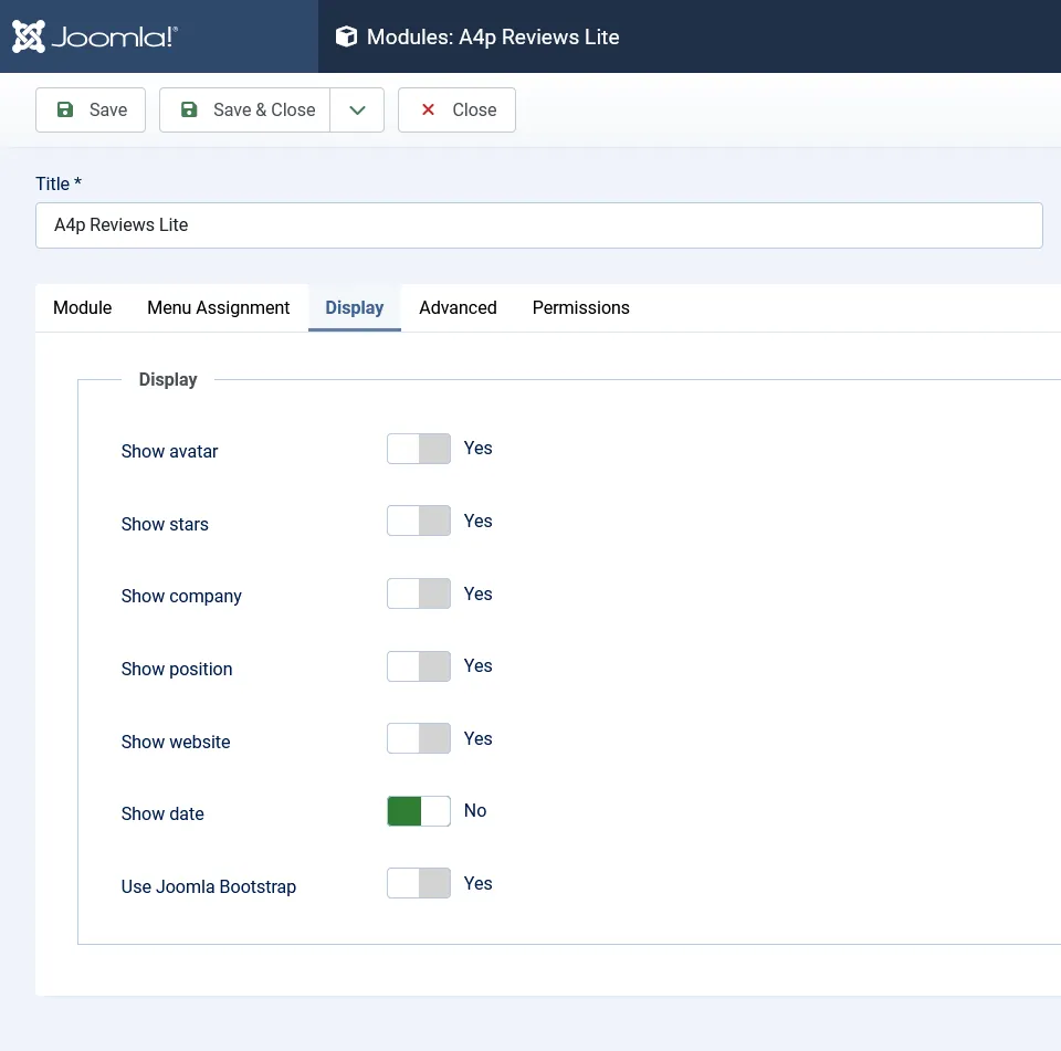 Display options for avatars, ratings and customer details in the A4p Reviews Lite Joomla module