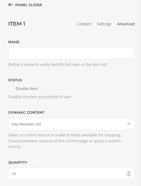 Select A4p Reviews Lite as a YOOtheme Pro Dynamic Content source for a Panel Slider