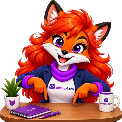 Ava Fox pointing down to additional product information on addons4.pro