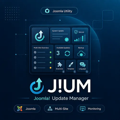 J!UM Joomla Update Manager product image showing centralized multi-site update management and monitoring for Joomla websites