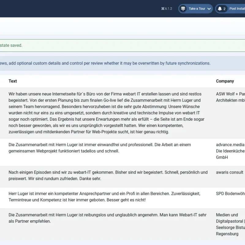 A4p Reviews Lite review manager in Joomla with imported Google reviews, publication status and synchronization controls