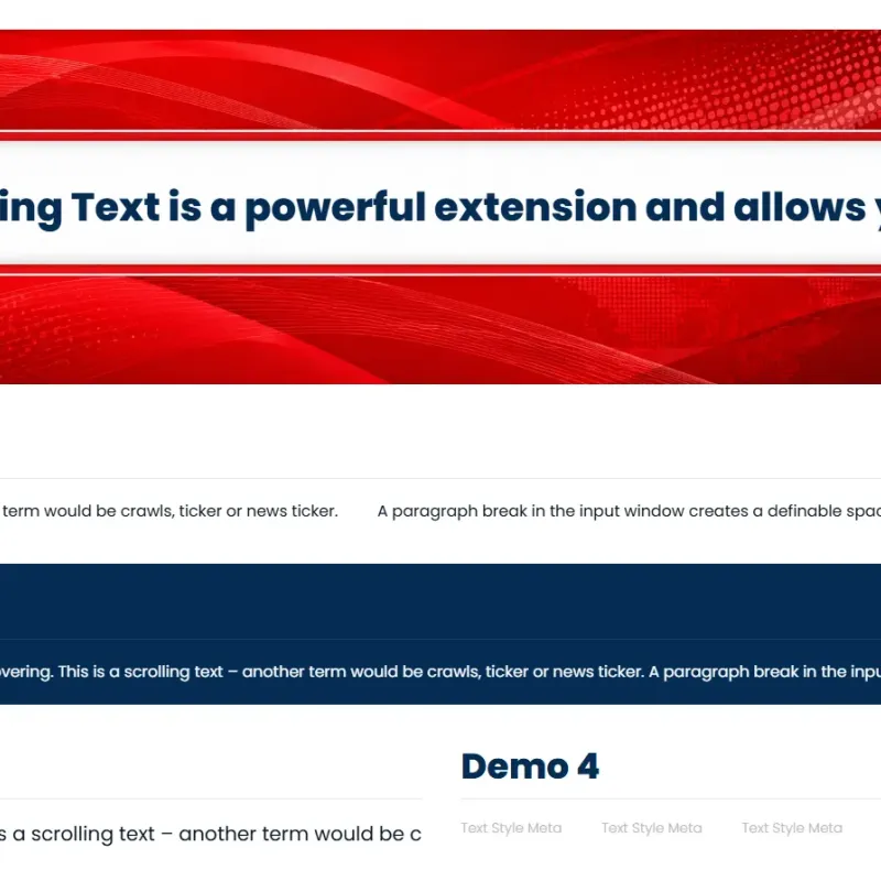 Scrolling Text Addon for YOOtheme Pro showing an animated news ticker