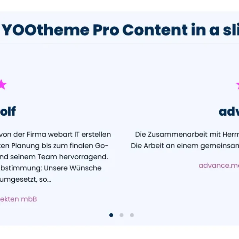 Google reviews displayed as dynamic YOOtheme Pro content in a testimonial slideset