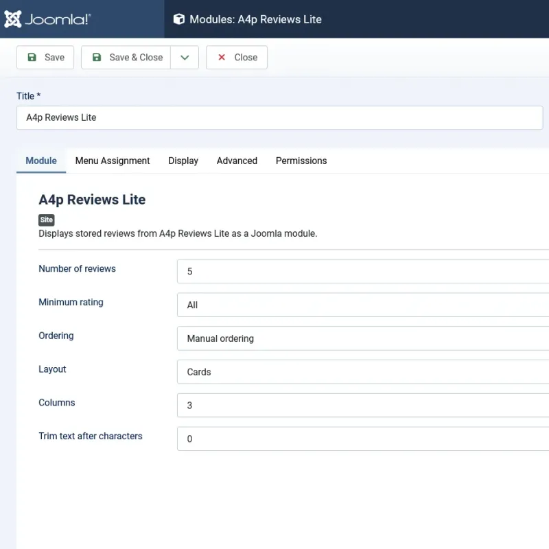 Configure review quantity, rating, ordering and layout in the A4p Reviews Lite Joomla module
