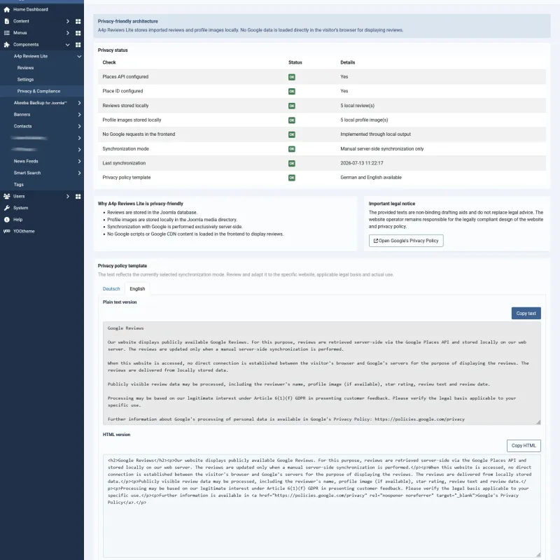 A4p Reviews Lite Privacy and Compliance dashboard with local Google review storage checks in Joomla