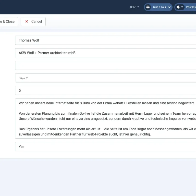 Editing an imported Google review with A4p Reviews Lite in the Joomla administrator
