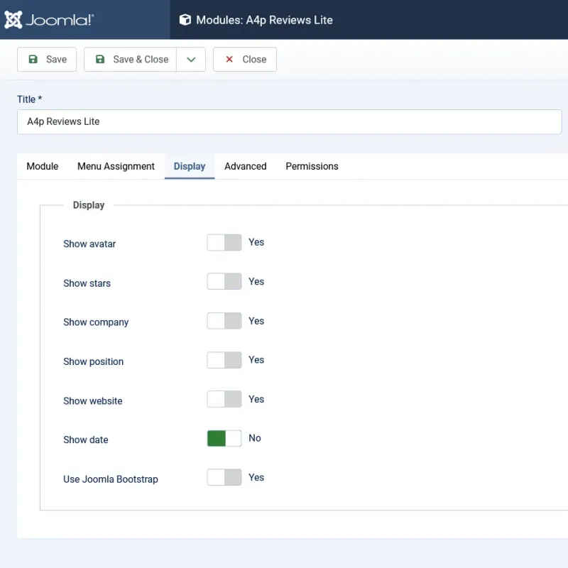 Display options for avatars, ratings and customer details in the A4p Reviews Lite Joomla module