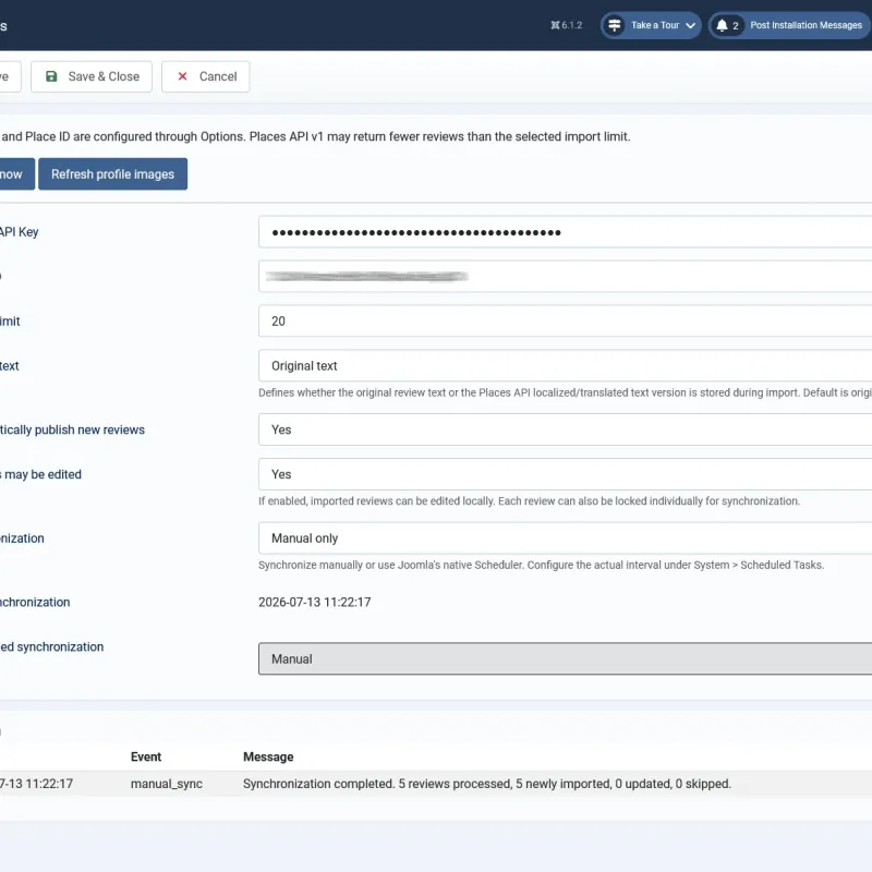 A4p Reviews Lite settings for Google Places API import and review synchronization in Joomla