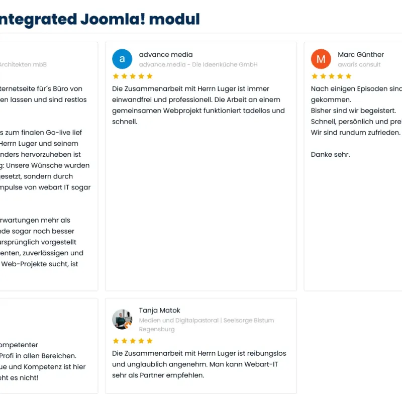 Locally stored Google reviews displayed in a responsive grid with the A4p Reviews Lite Joomla module
